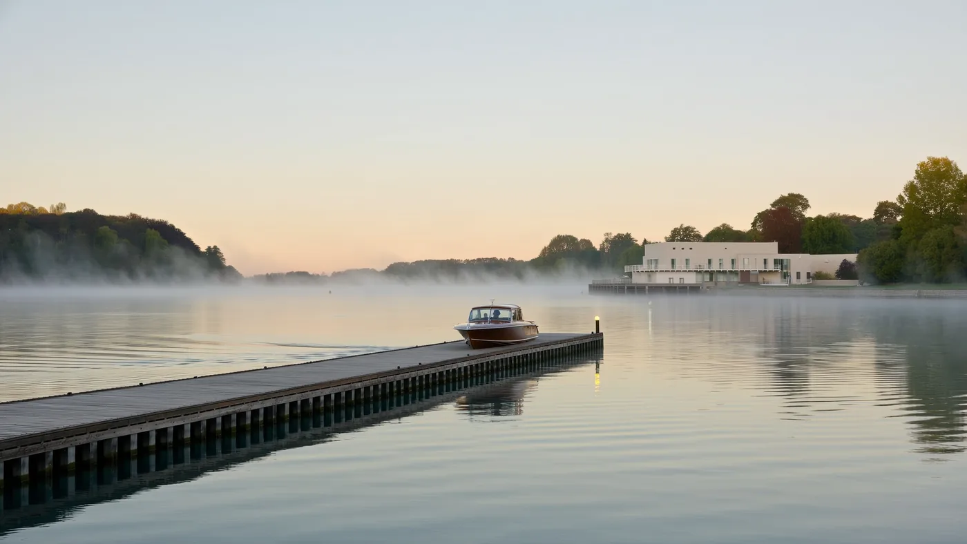 Ein klassisches Holzboot legt im Morgennebel an einem langen Steg an.