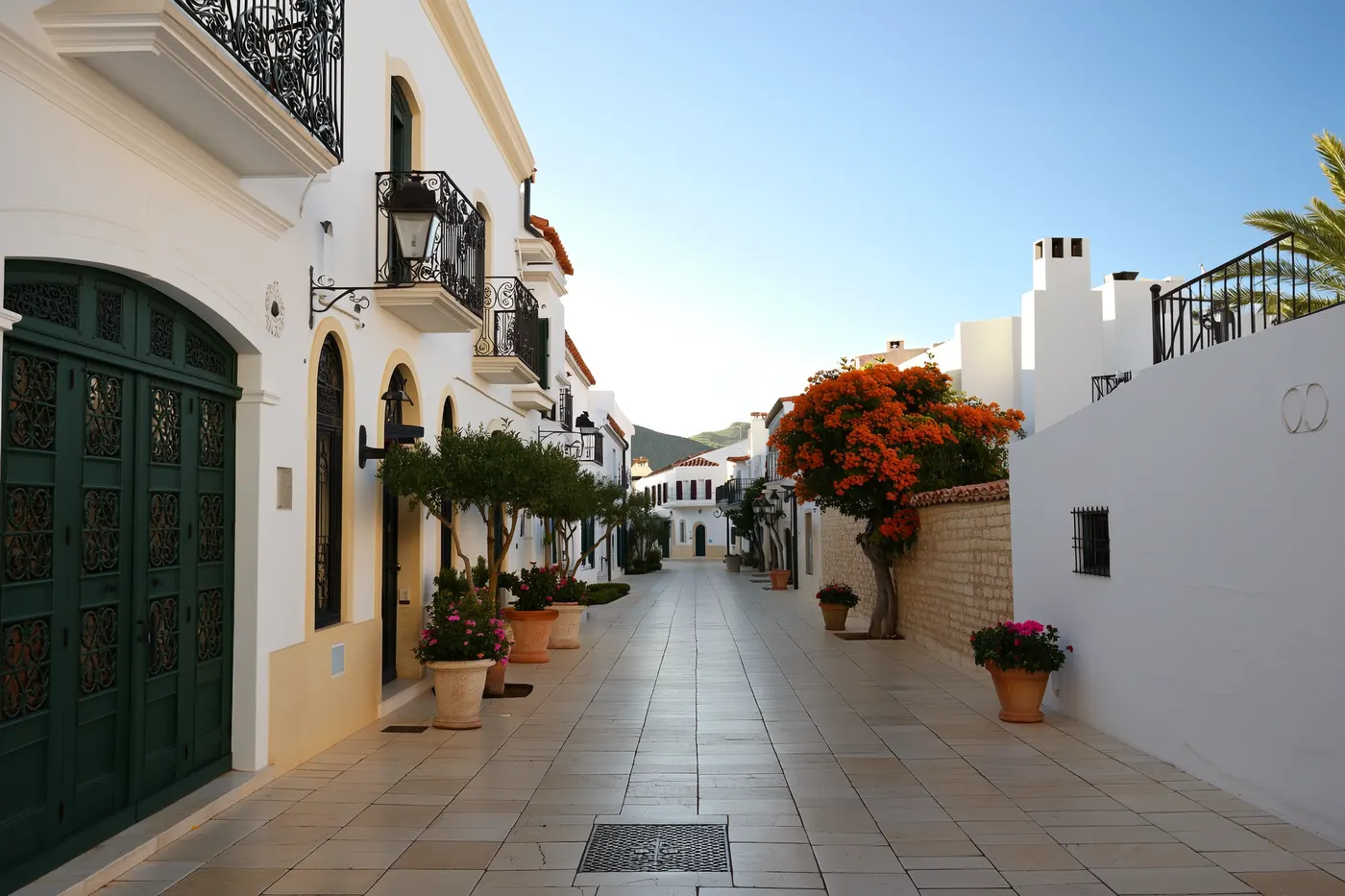 Calle encalada del casco antiguo de Marbella con macetas y buganvillas