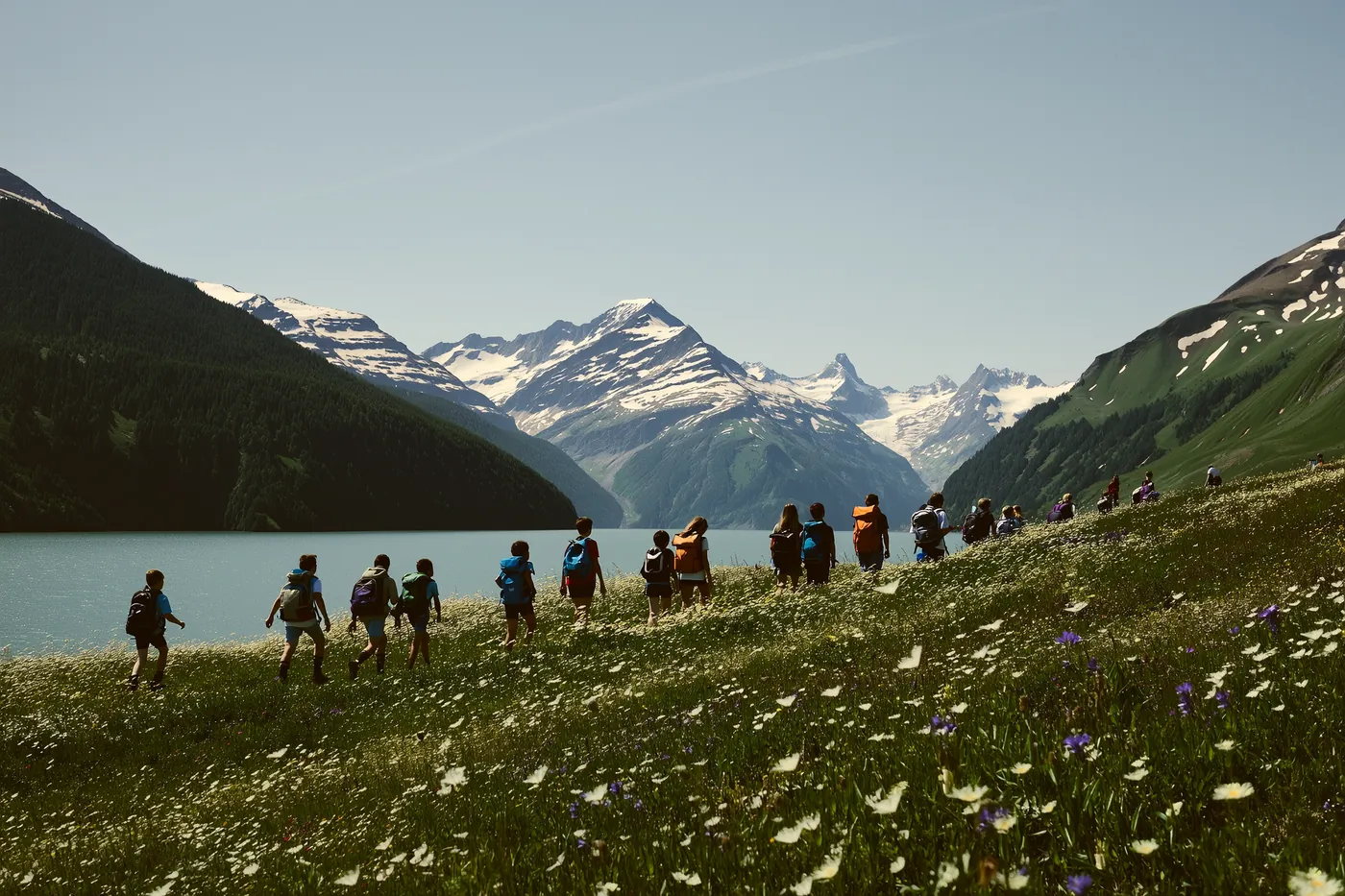 A group of children hiking through an alpine meadow behind a guide, seen from behind