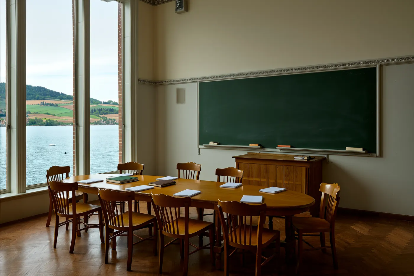 Seminar room with an oval oak table for twelve and a view of the lake