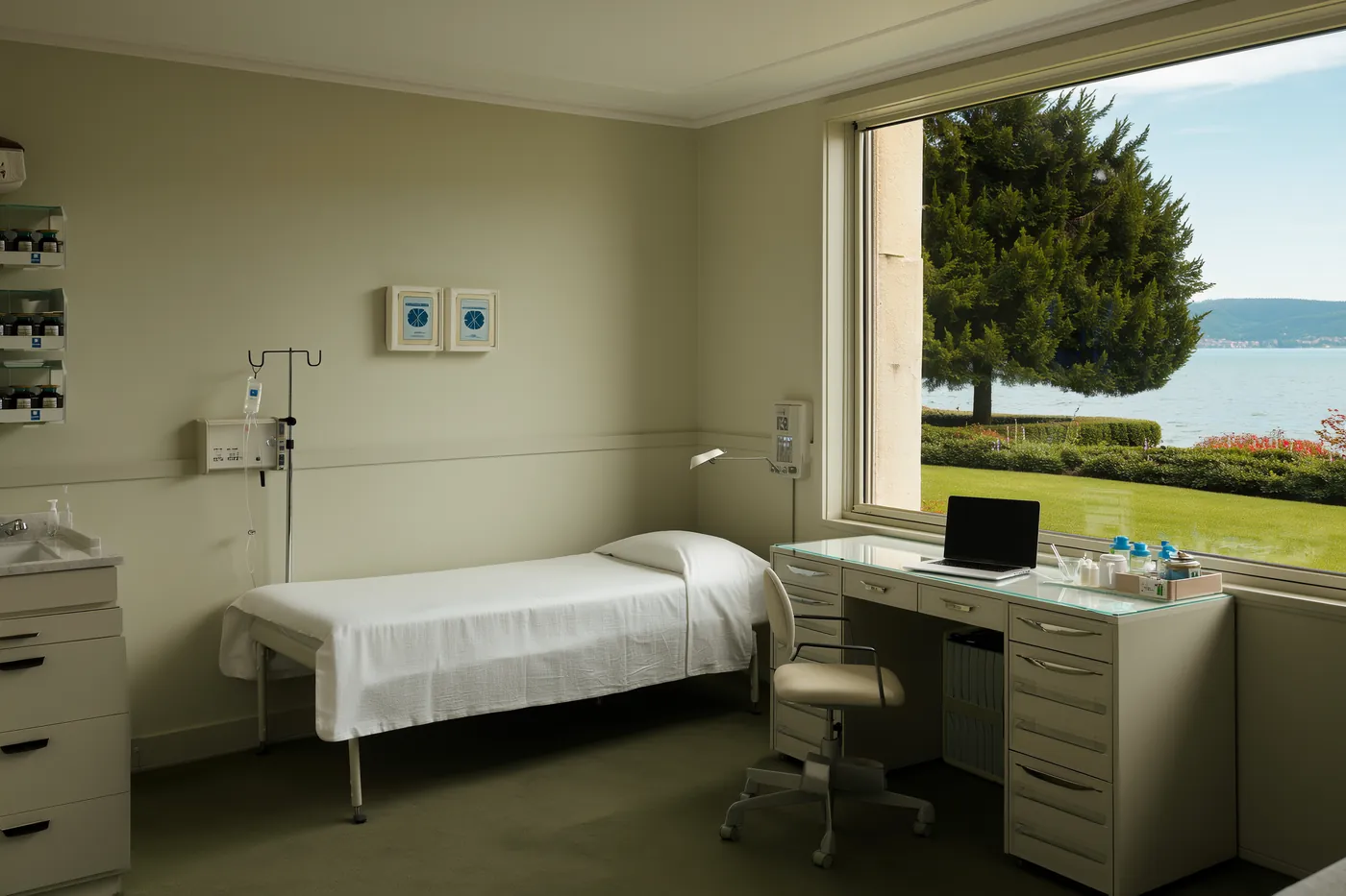 Health centre room with a bed, a nurse's desk and a window onto the garden and lake