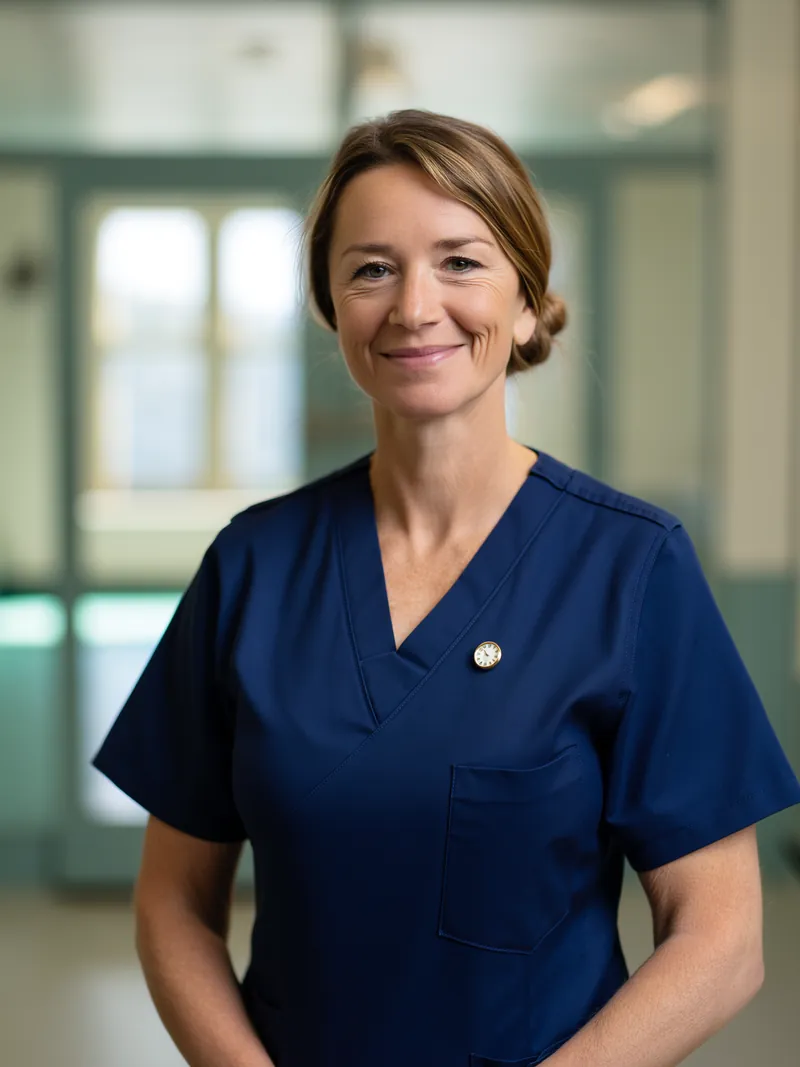 Anne-Sophie Rey, head nurse, in a navy tunic