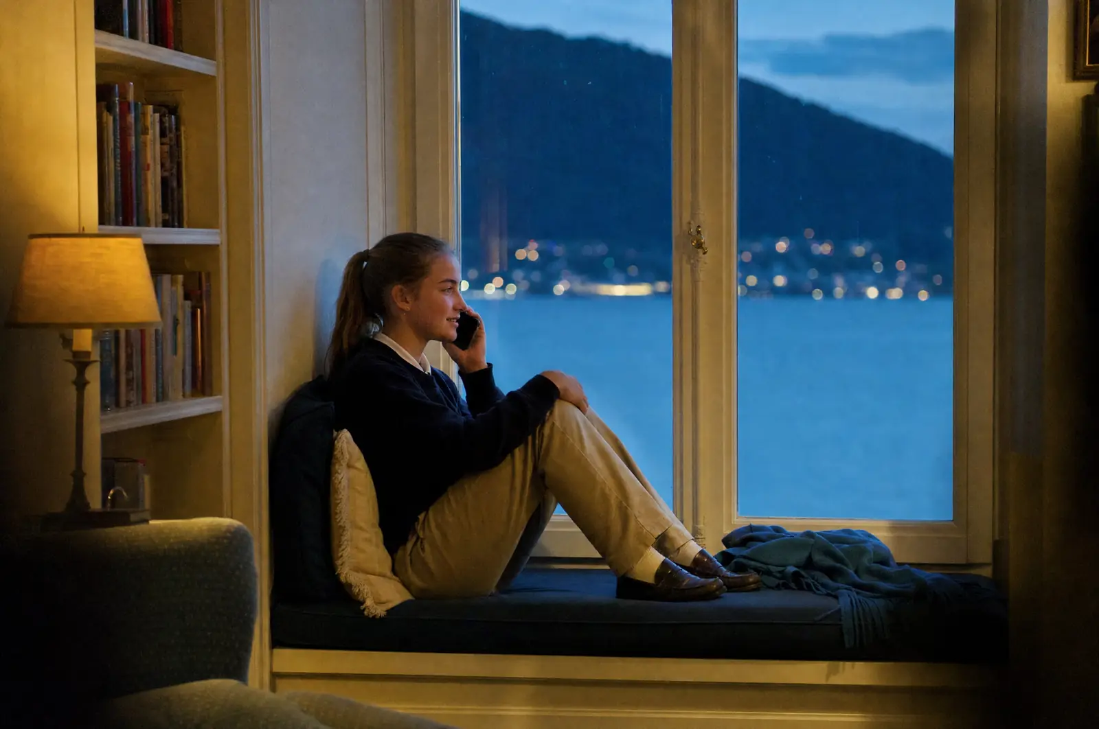 A student on a window seat at dusk, talking on the phone, with the lake and the lights of the far shore behind her