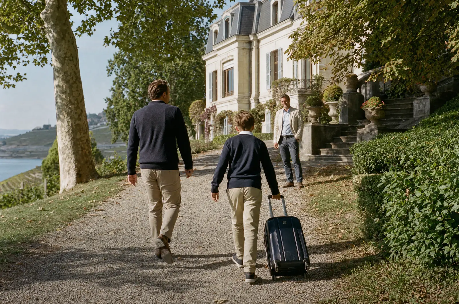 A father and his son pull a suitcase up the gravel path to the manor, where a houseparent waits to greet them
