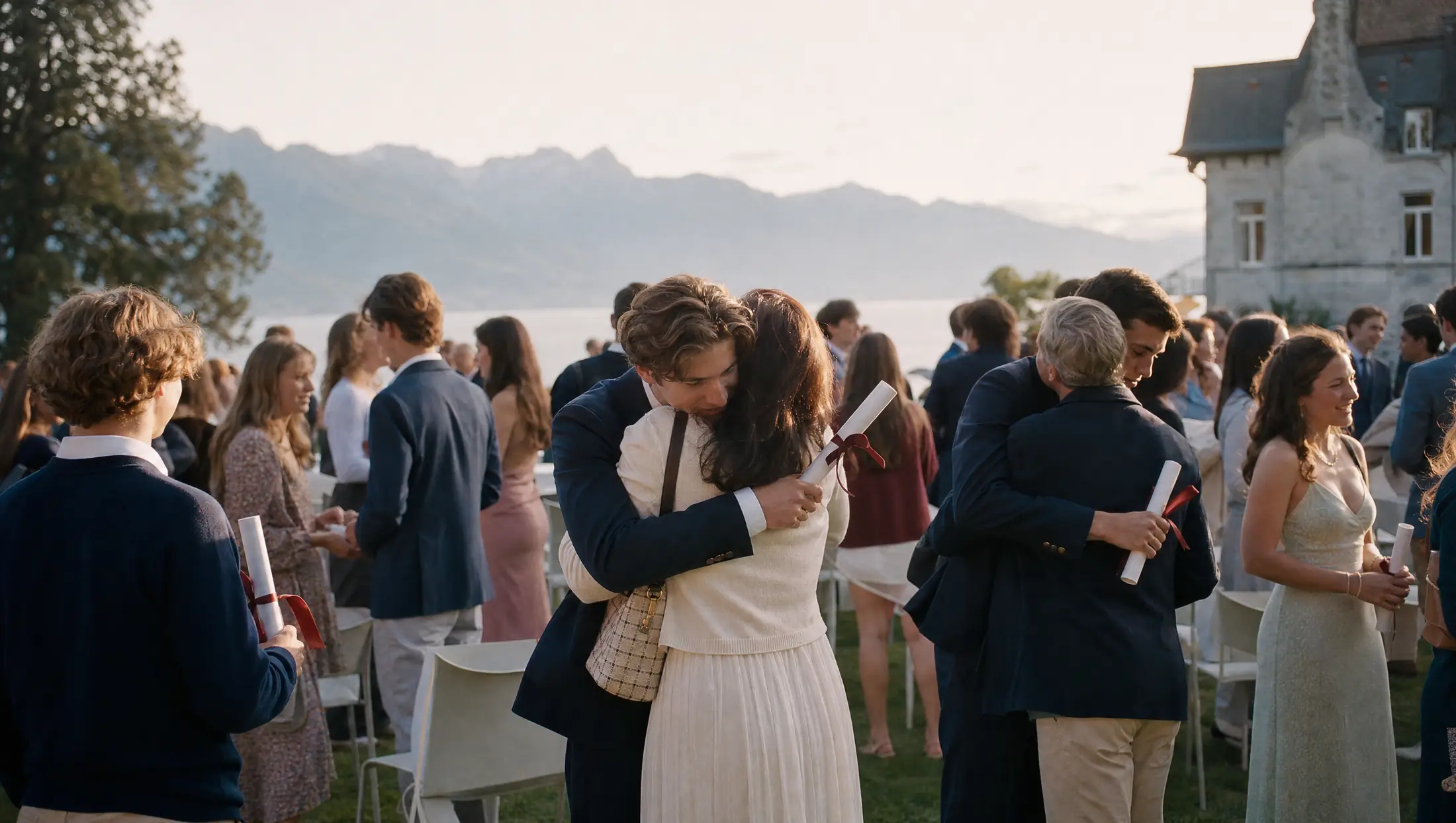 Graduates in formal clothes hold diplomas tied with red ribbon and embrace their parents on the lawn above the lake