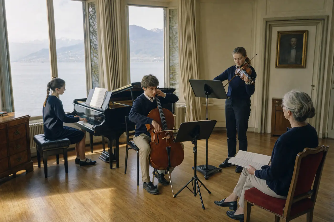 Three students rehearse a piano trio while their music teacher listens