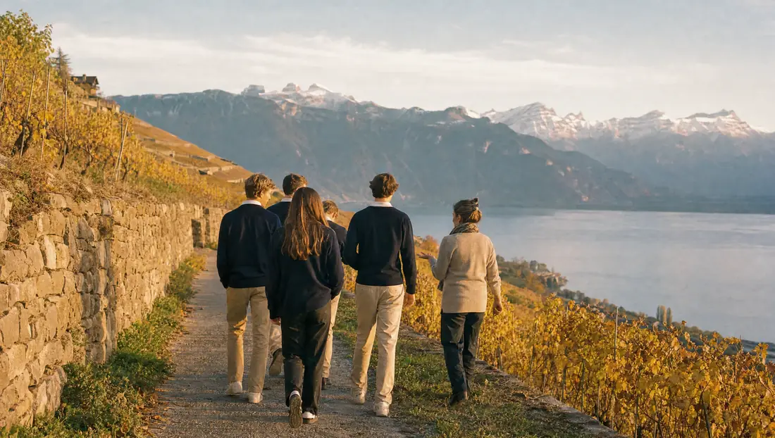 Five students and a teacher walk along a path between the vineyard terraces, high above the lake