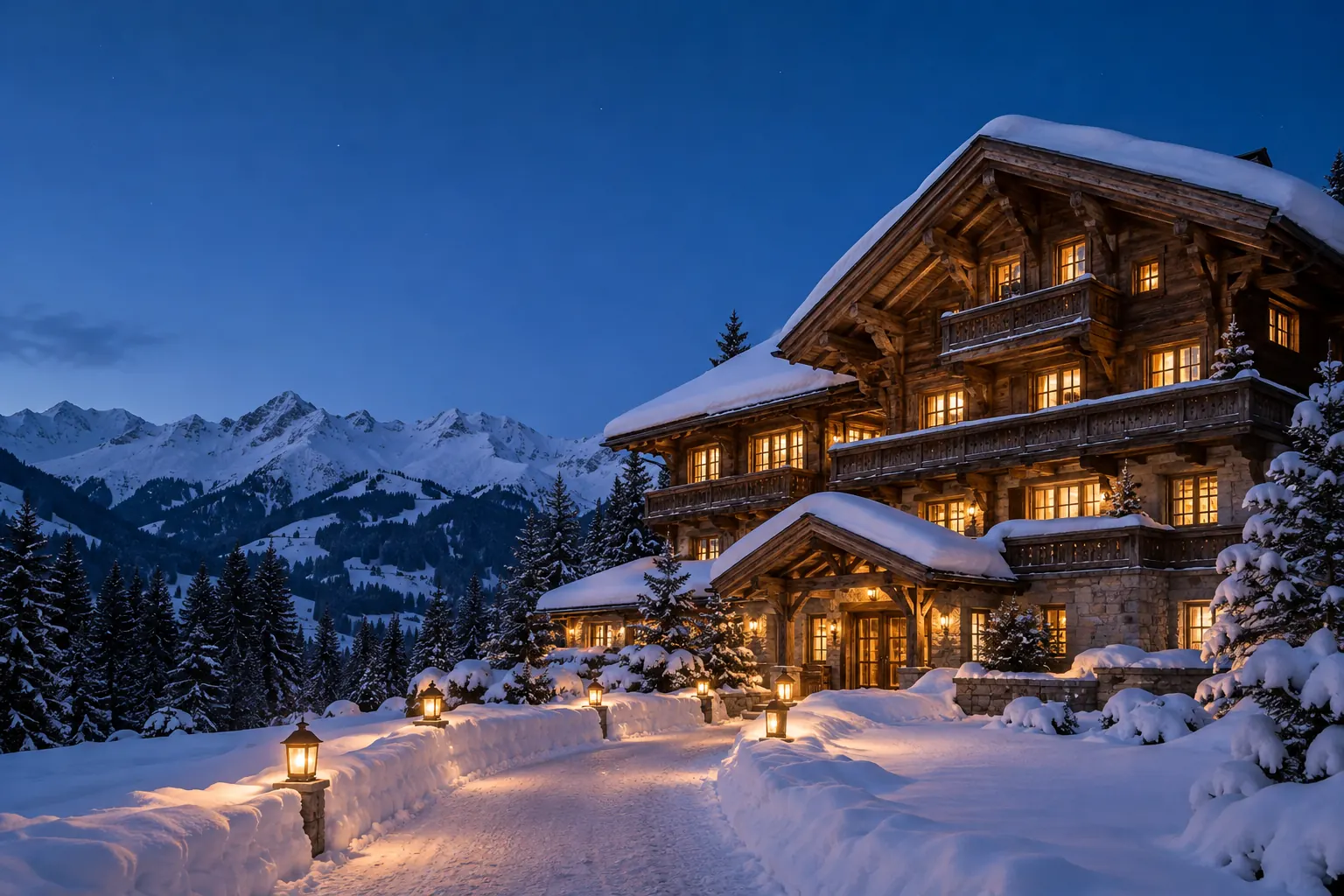 Blue hour in Gstaad: a path lit by lanterns runs through the snow to a larch chalet with warm windows
