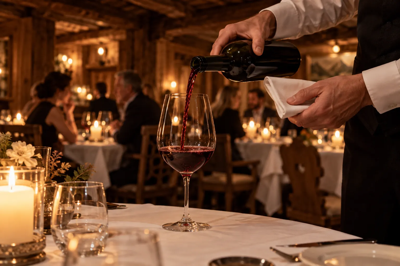 The restaurant by candlelight: a sommelier pours red wine at a table set for two