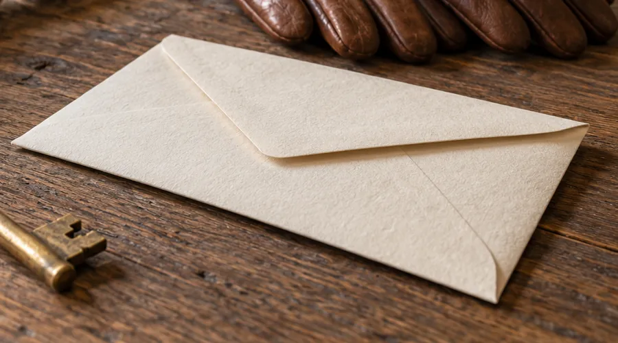 A sealed envelope and a brass key on a leather tag