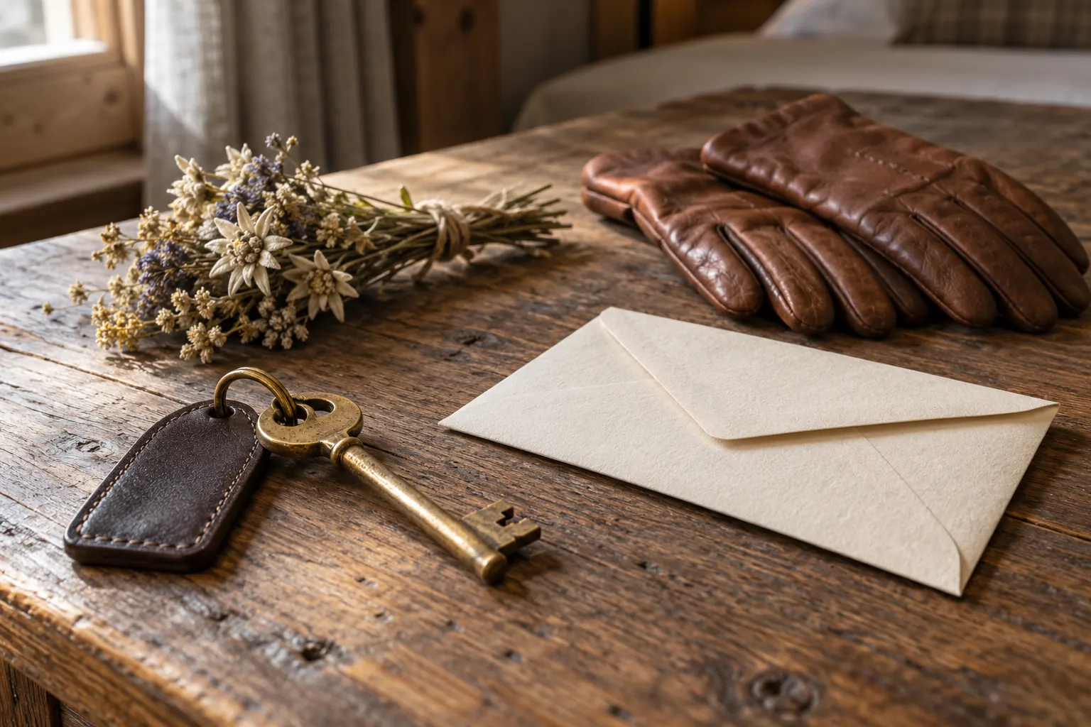 Still life: a brass key on a leather tag, a sealed envelope, dried flowers and leather gloves on wool