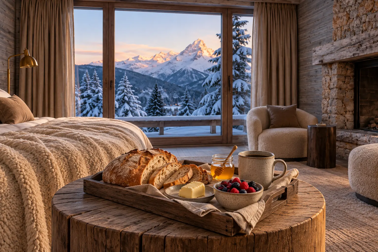 A breakfast tray by a window at sunrise, with coffee, bread and fruit, and snowy mountains outside