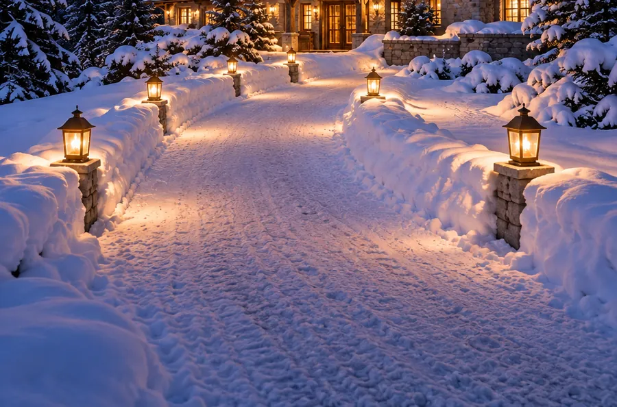 The lantern path to the chalet in the snow