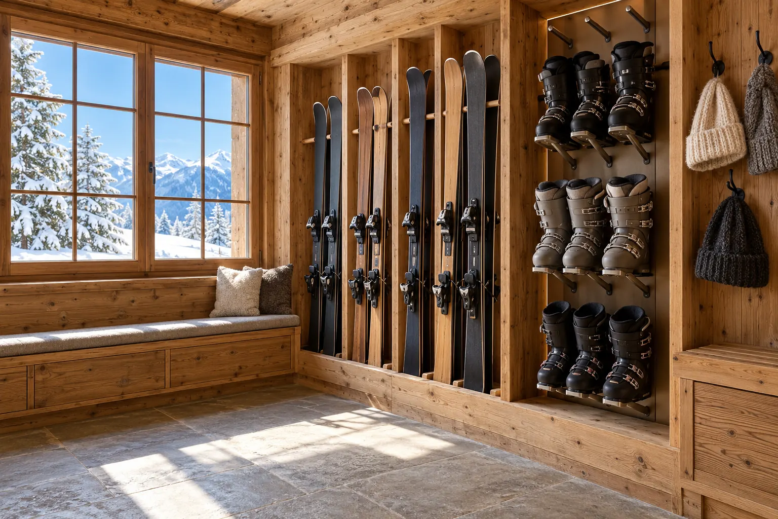 The ski room: skis and boots on heated wooden racks under warm light