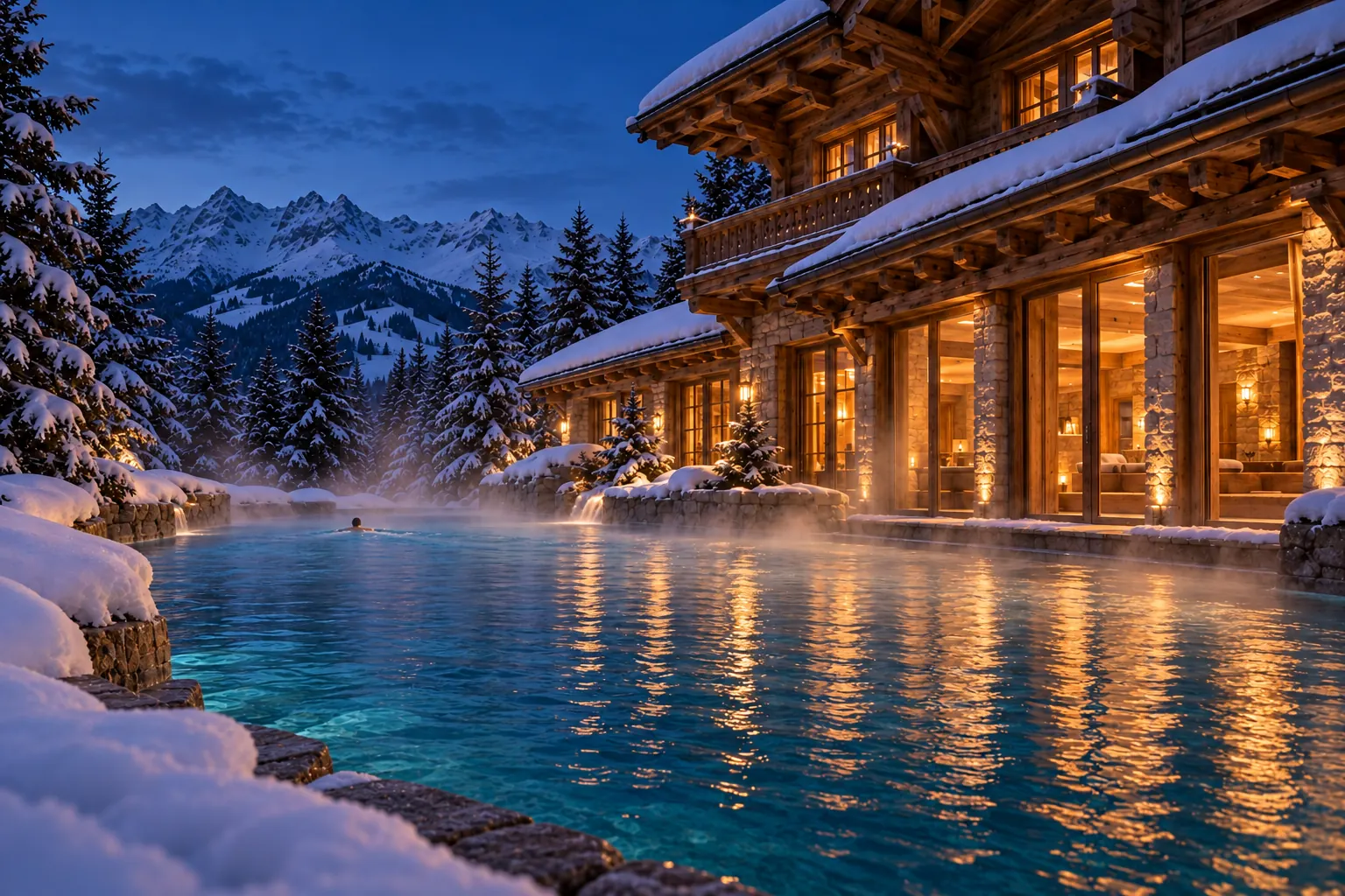 A heated outdoor pool at dusk, steam rising over the water, with snow on the terrace and lit windows behind