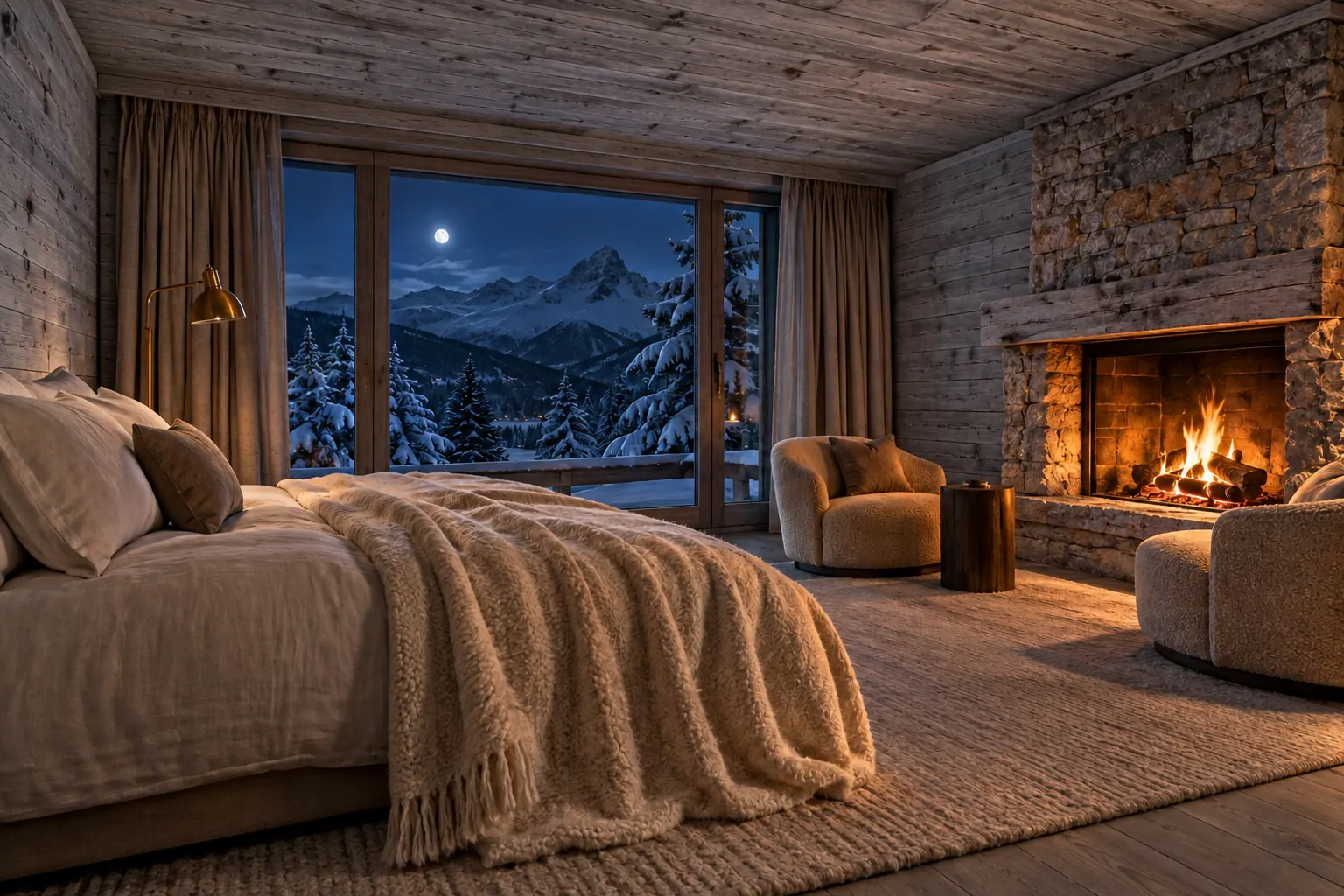 A suite at night: a fire in the hearth, a wide bed with wool throws and moonlit peaks through tall windows