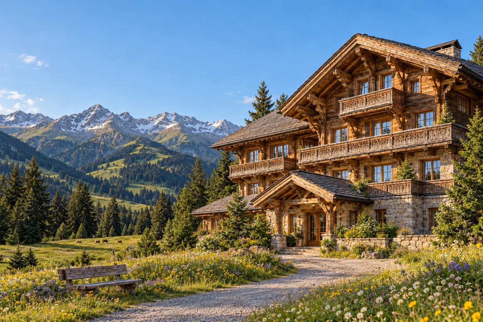 The same chalet in early summer, among green meadows and wild flowers