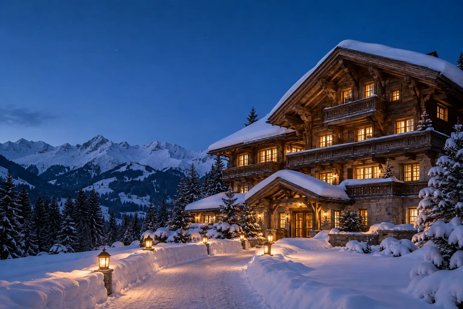 A snow-covered wooden chalet in Gstaad at the blue hour, its windows lit and lanterns along the path.