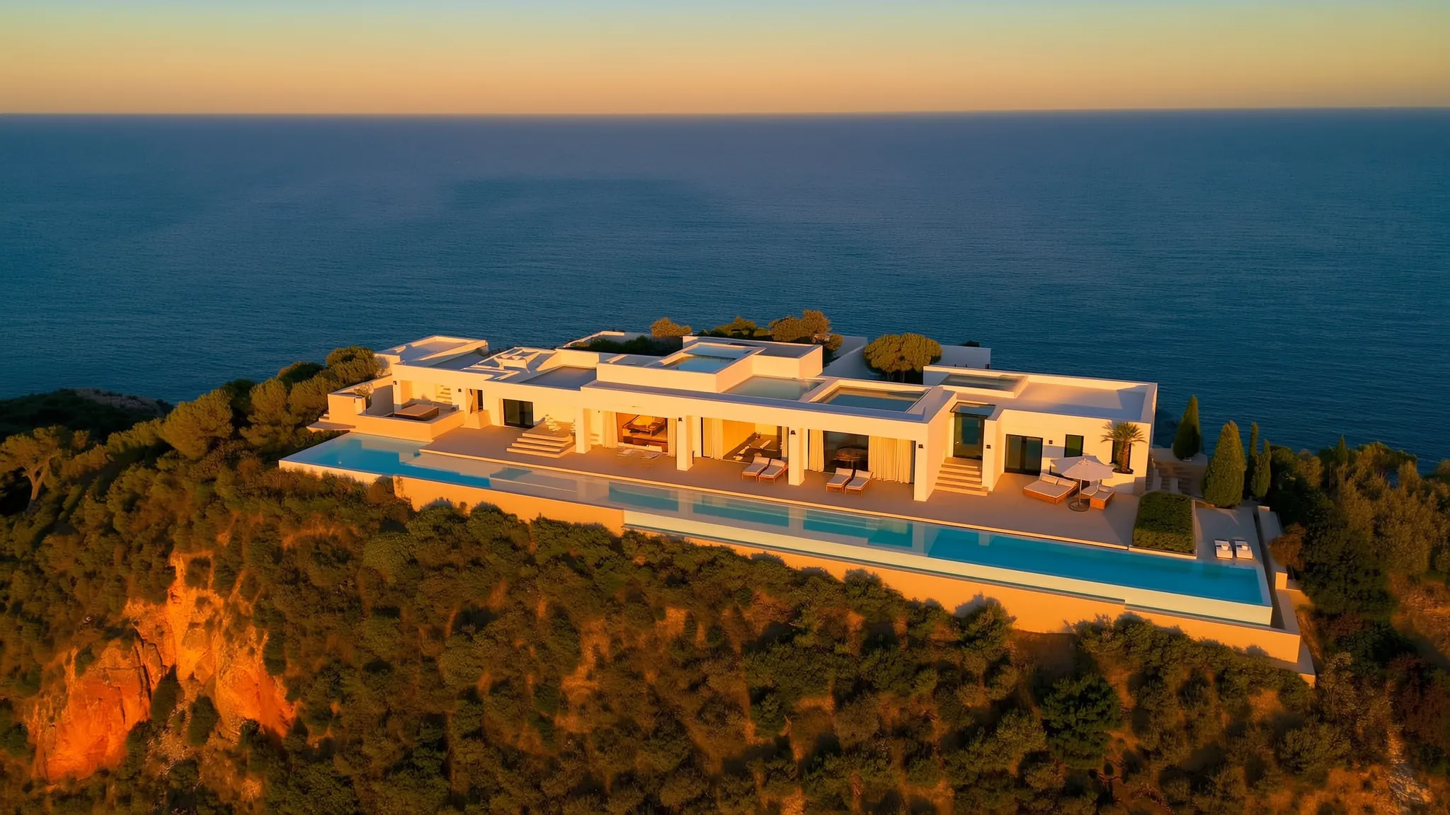 A white contemporary villa with an infinity pool above the Mediterranean, at sunset.