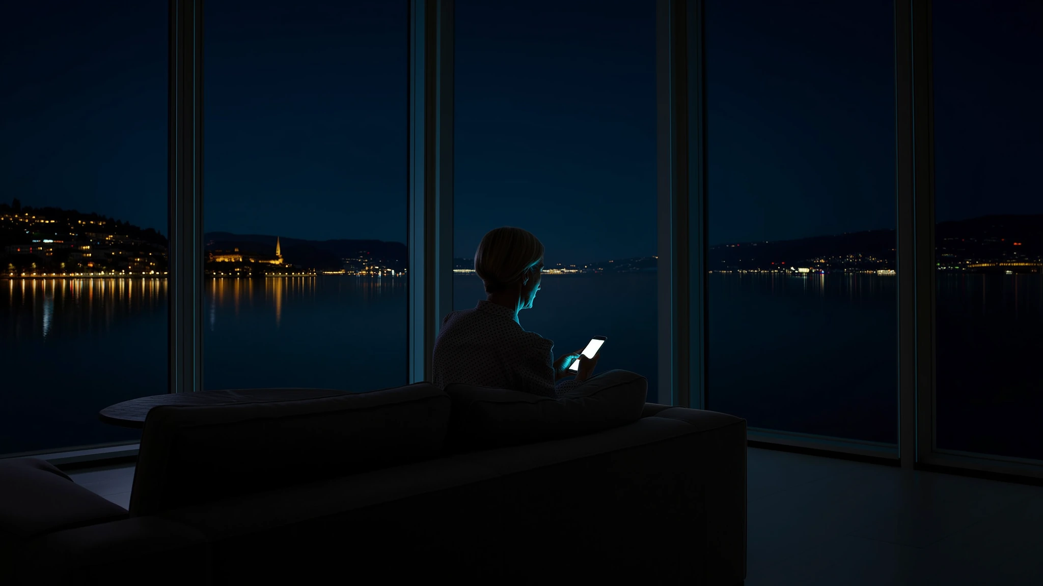 A woman looks at her phone at night, by a tall window overlooking Lake Zurich.