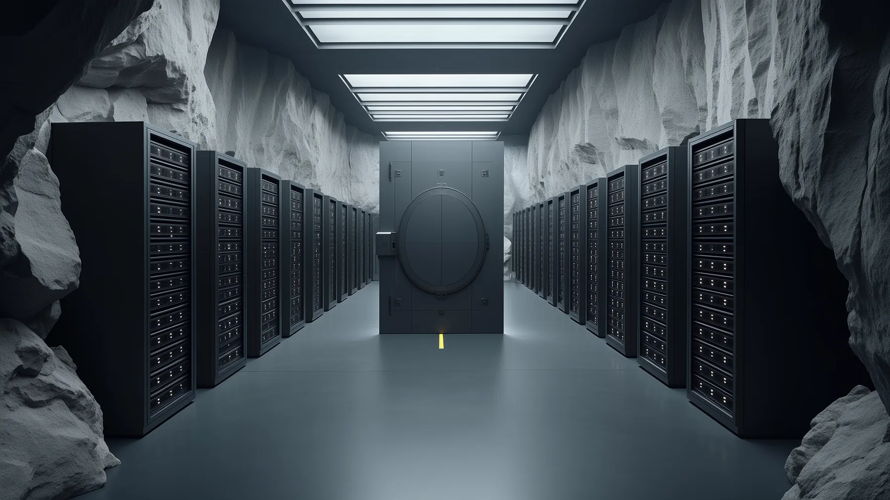 A data centre carved into the rock, with rows of servers on both sides and a vault door at the far end.