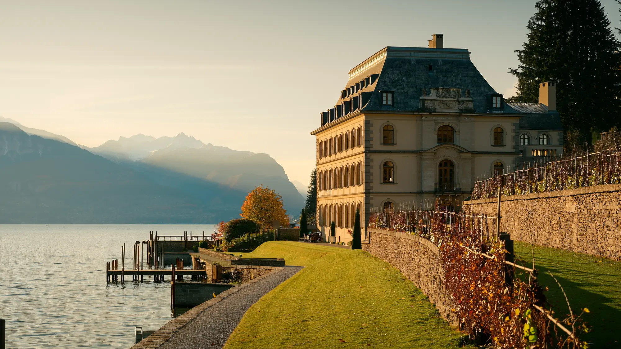A historic stone building on the shore of Lake Geneva at sunset, among terraced vineyards, with a wooden jetty and the Alps behind.