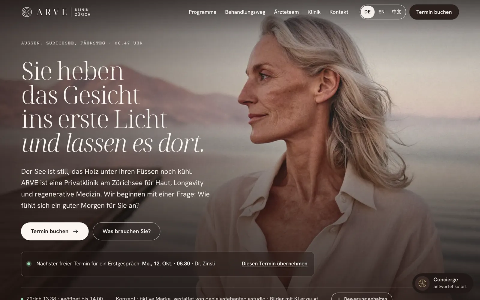Home page of ARVE Klinik Zürich, the concept, on a laptop.