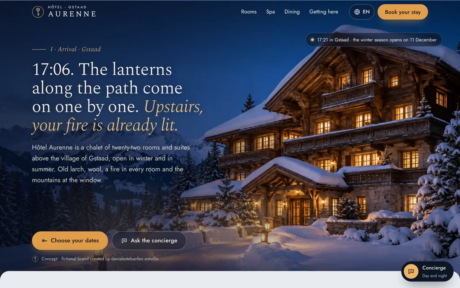 Home page of Hôtel Aurenne, the concept, on a laptop.