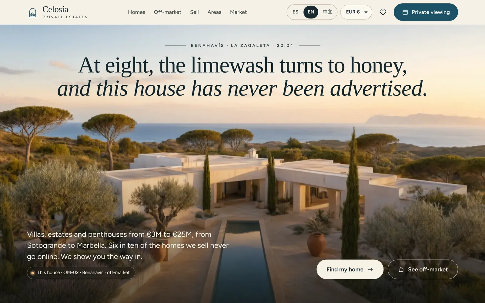 Home page of Celosía Private Estates, the concept, on a laptop.